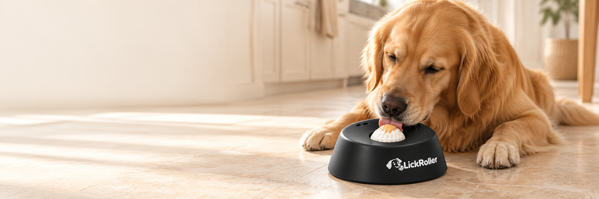 Golden retriever enjoying the rolling-ball bowl