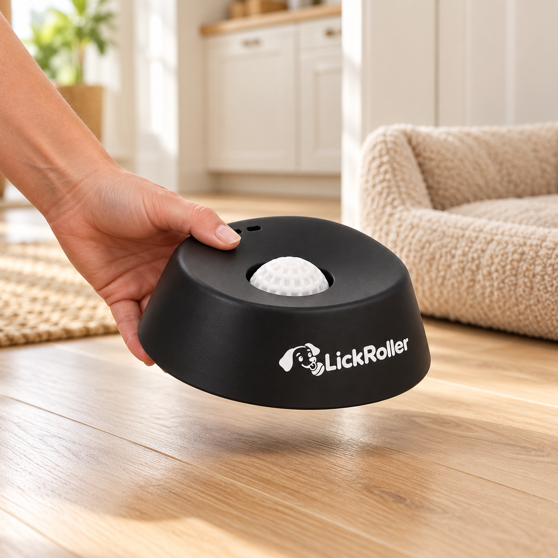 A hand lifting the bowl beside a dog bed